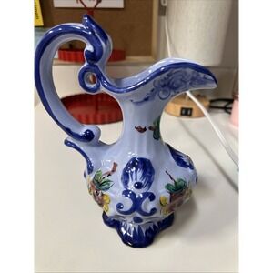 PORTUGAL Vintage Vase Pitcher Blue & Floral Hand Painted and Numbered 7.5inch